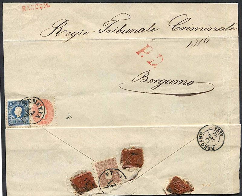 1862, Lombardo Veneto, raccomandata da Venezia per Bergamo del 12 luglio 1862  - Asta Storia Postale e Filatelia - Cambi Casa d'Aste