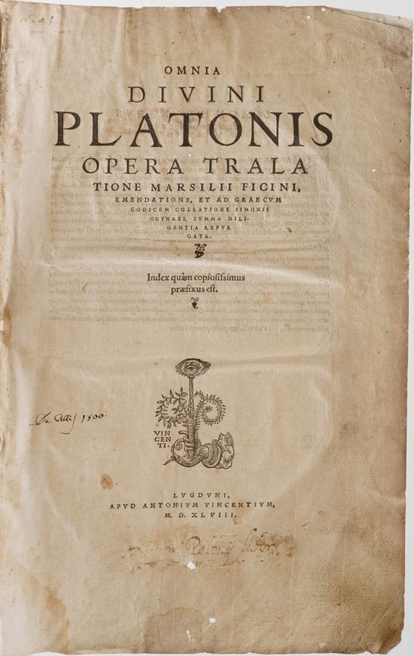 Platone- Marsilio Ficino. Omnia Divini Platonis opera tralatione, Marsili Ficini...Lugduni, Antonium Vincentium, 1548.