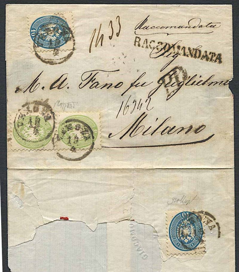 1865, Lombardo Veneto, raccomandata da Verona a Milano del 15 aprile 1865  - Asta Storia Postale e Filatelia - Cambi Casa d'Aste