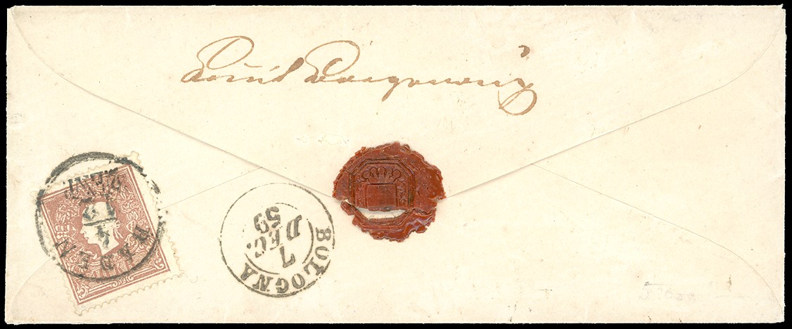 1859 - Austria, Raccomandata da Baden per Bologna del 4 Dicembre Affrancata con 15 Kreuzer Azzurr...
