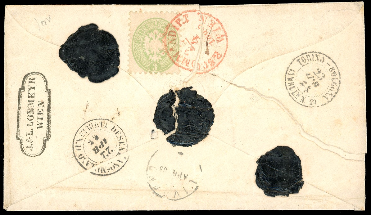 Austria, Intero postale da 15 kreuzer con affrancatura per raccomandata, 1865