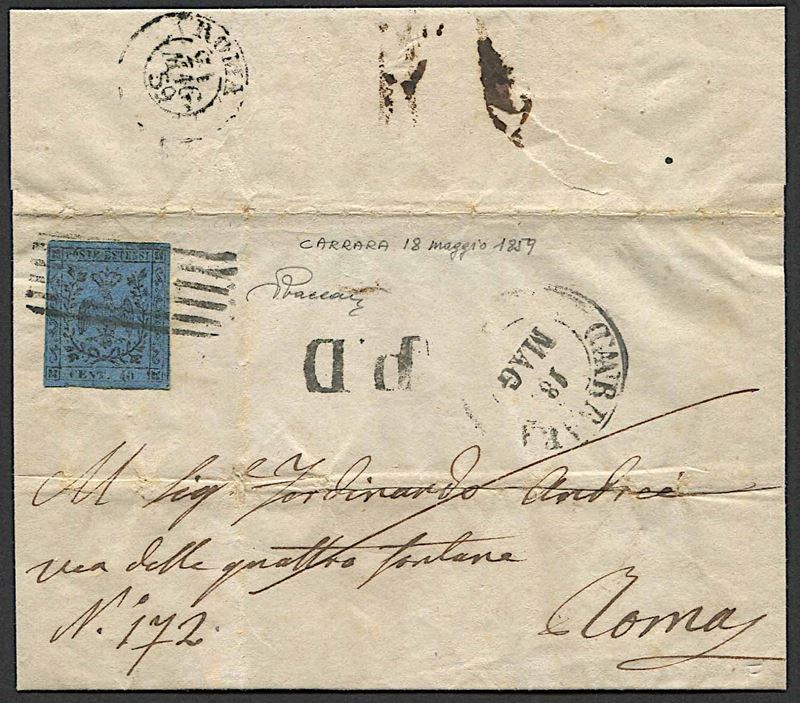 1859, Modena, lettera da Carrara per Roma del 18 maggio 1860  - Asta Storia Postale e Filatelia - Cambi Casa d'Aste