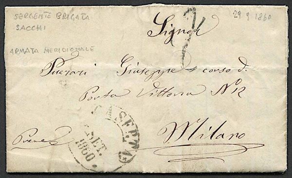 1860, Napoli, Dittatura Garibaldina (7 settembre/8 novembre 1860), lettera in porto assegnato da Caserta per Milano del 29 settembre 1860