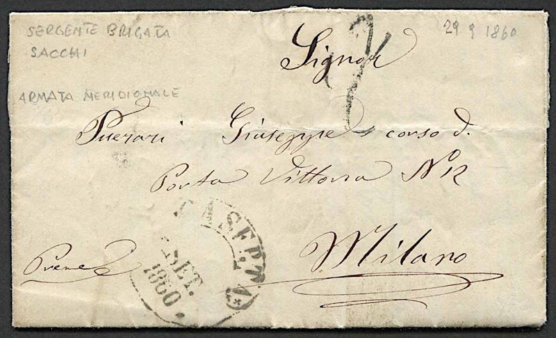 1860, Napoli, Dittatura Garibaldina (7 settembre/8 novembre 1860), lettera in porto assegnato da Caserta per Milano del 29 settembre 1860  - Auction Postal History and Philately - Cambi Casa d'Aste