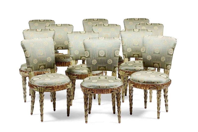 Dodici sedie in legno intagliato, dipinto e dorato. Ebanisteria neoclassica, XIX secolo  - Auction Italian Mansions - Cambi Casa d'Aste