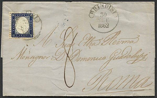 1862, Province Napoletane, lettera da Brindisi per Roma del 30 settembre 1862