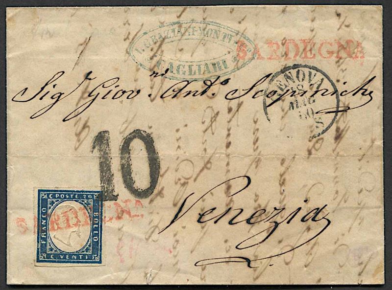 1860, Sardegna, lettera da Cagliari per Venezia del 12 maggio 1860  - Asta Storia Postale e Filatelia - Cambi Casa d'Aste