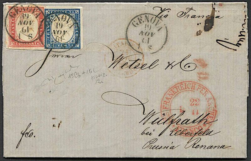 1861, Sardegna, lettera da Genova per Wuelfrath (Prussia) del 19 novembre 1861  - Auction Postal History and Philately - Cambi Casa d'Aste