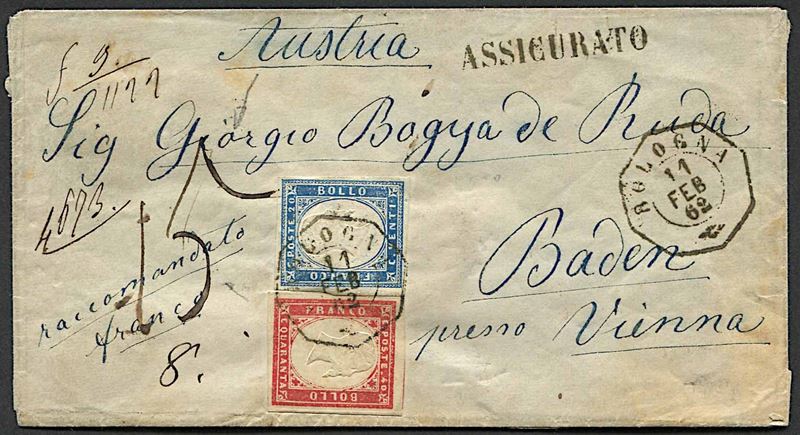 1862, Sardegna, raccomandata da Bologna per Baden (Austria) dell’11 febbraio 1862  - Asta Storia Postale e Filatelia - Cambi Casa d'Aste