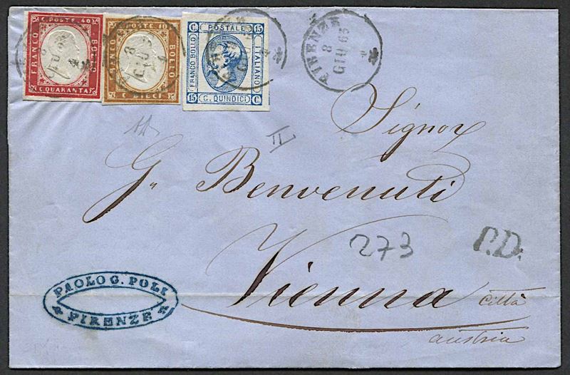 1863, Sardegna, lettera da Firenze per Vienna dell’8 giugno 1863  - Asta Storia Postale e Filatelia - Cambi Casa d'Aste