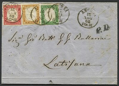 Sardegna 1862 - 5 Cent. Verde Scuro, 10 Cent. Bistro Arancio, 40 Cent. Rosa Carminio (13d,14df,16...