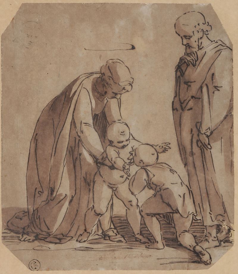 Luca Cambiaso : Sacra Famiglia con San Giovannino  - penna, inchiostro bruno e acquerello su carta - Asta Old Masters - Cambi Casa d'Aste