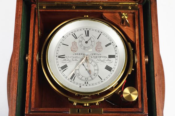 Cronometro da marina a due giorni di carica montato su sospensione cardanica in cassetta di mogano e cassetta di trasporto Joseph Sewill, Liverpool , numerato 5289. Inghilterra XIX secolo
