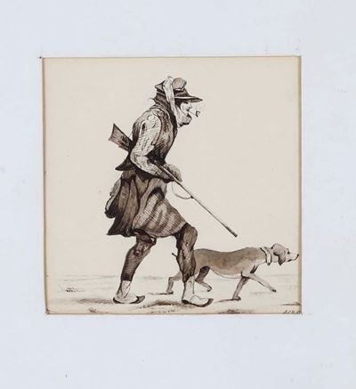 Incisione Raffigurante Cacciatore con Cane, XX Secolo