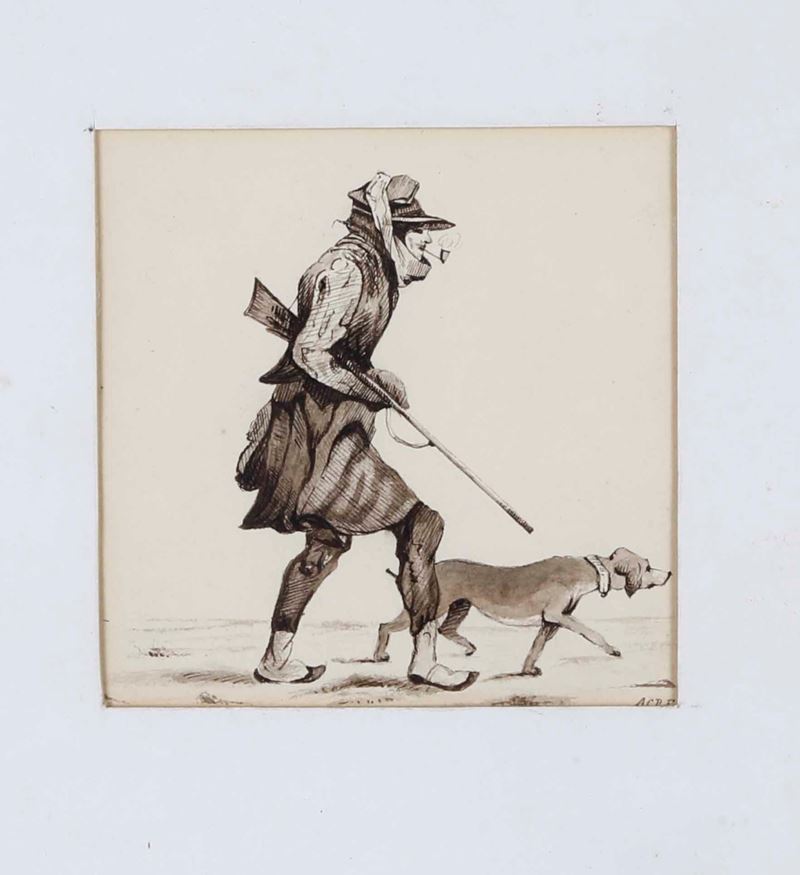 Incisione raffigurante cacciatore con cane  - Asta Antiquariato  - Cambi Casa d'Aste