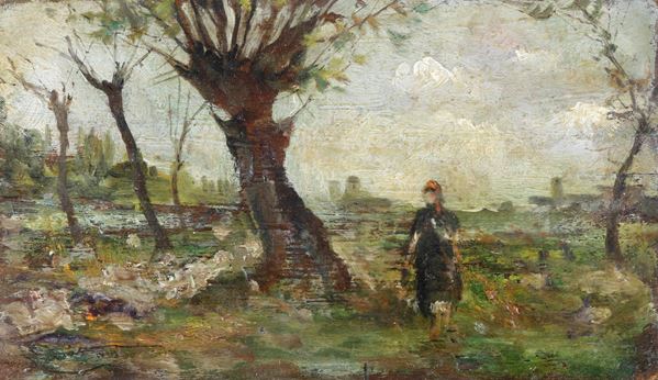 Piccolo dipinto raffigurante la raccolta delle olive