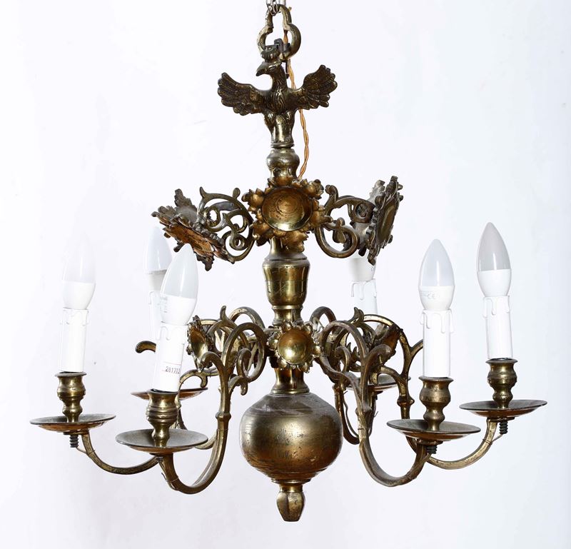 Lampadario in ottone a sei luci. XIX-XX secolo  - Auction Antique - Cambi Casa d'Aste
