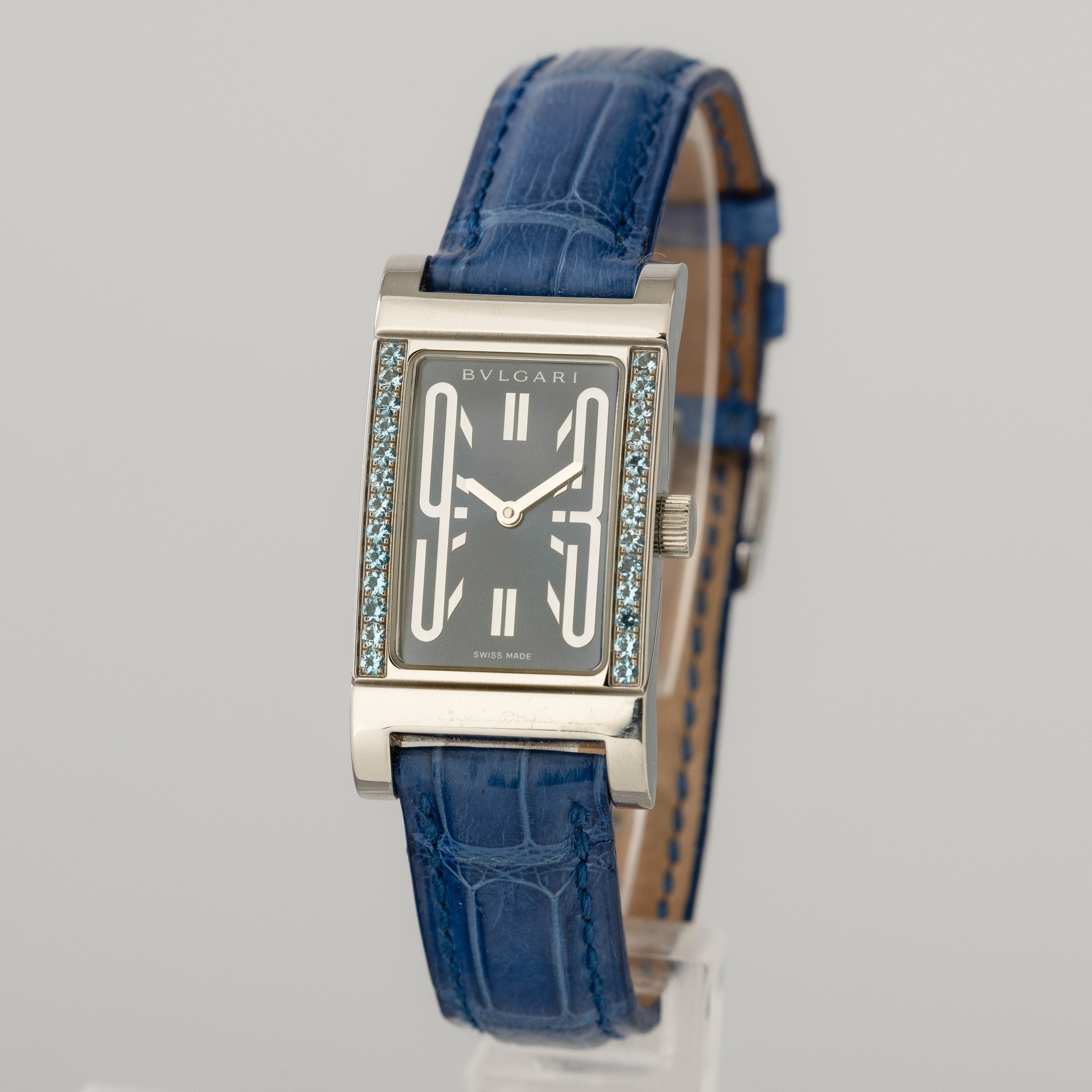 Bulgari - Rettangolo in Acciaio con Pietre Turchesi Incastonate, Movimento al Quarzo, Quadrante B...