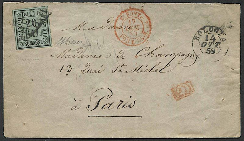 1859, Romagne, lettera da Bologna per Parigi del 14 ottobre 1859  - Auction Postal History and Philately - Cambi Casa d'Aste