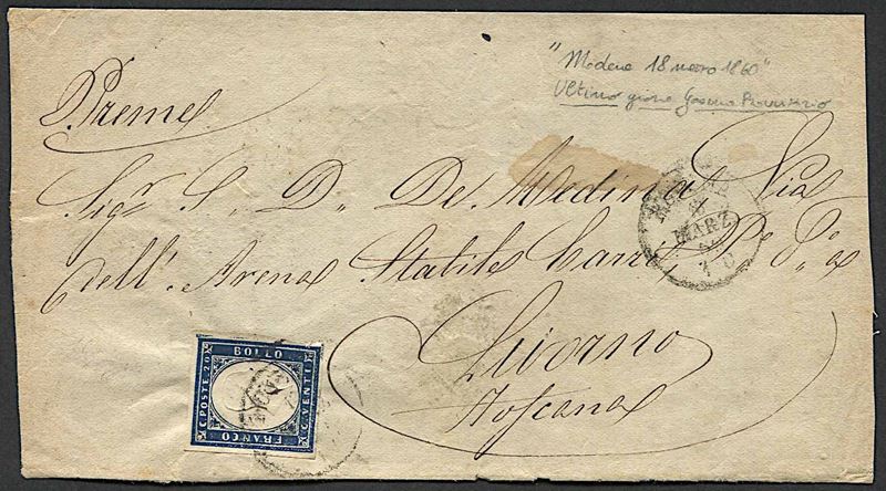 1860, Modena, frontespizio di lettera da Modena per Livorno del 18 marzo 1860  - Asta Storia Postale e Filatelia - Cambi Casa d'Aste