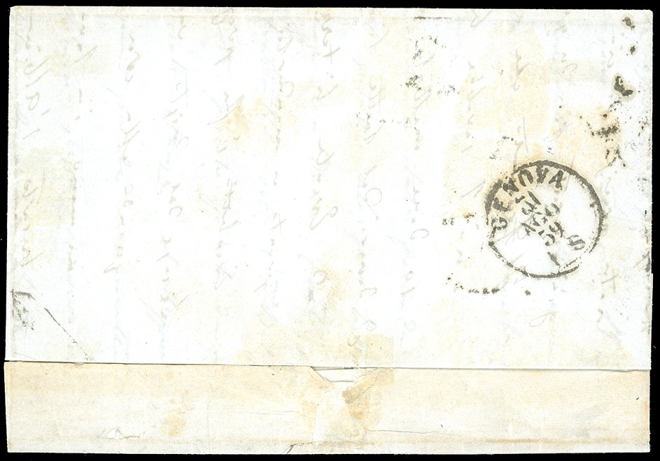 Lettera da Parma a Genova del 30 agosto 1859, affrancata con francobollo da 20 centesimi della IV...