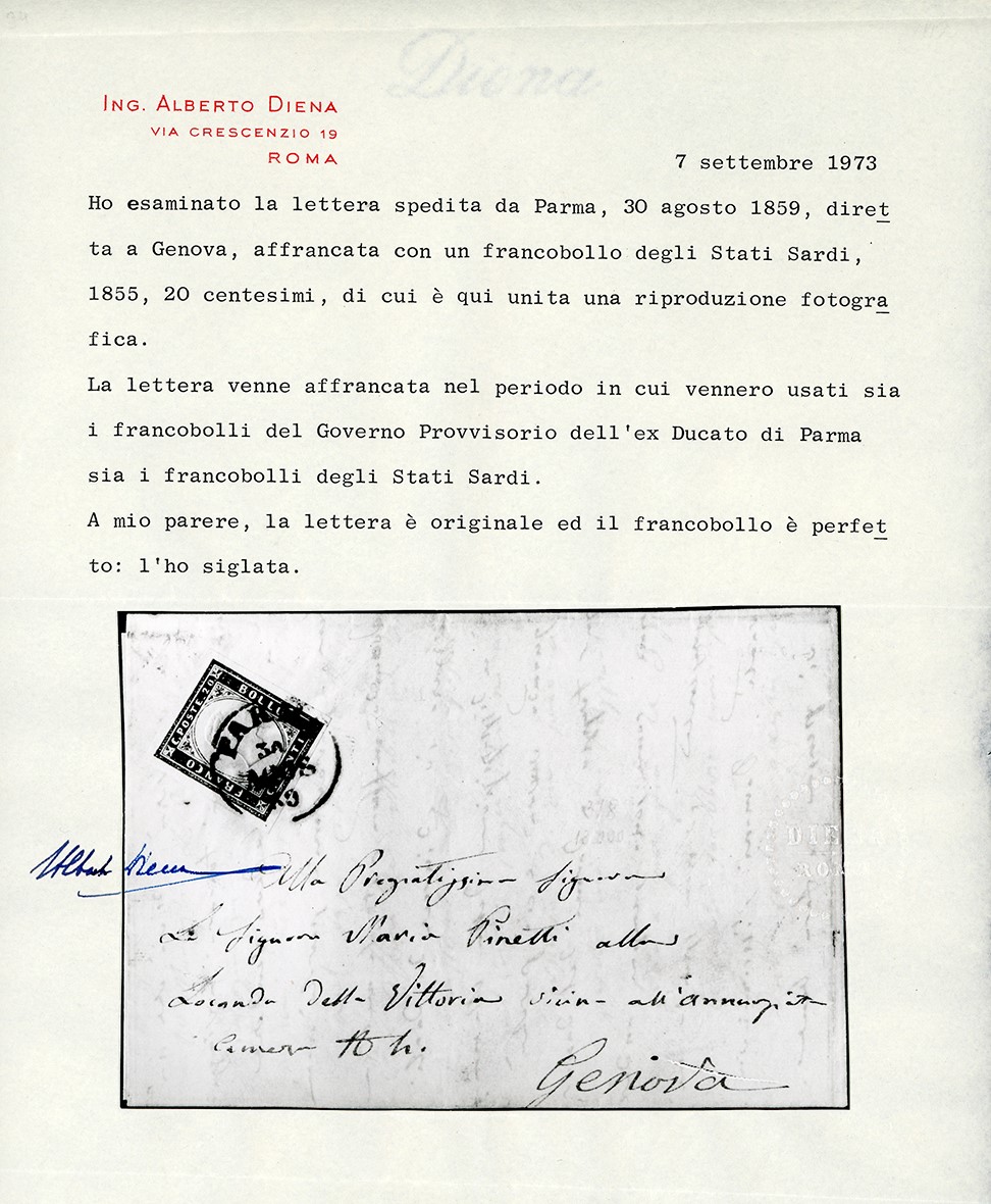 Lettera da Parma a Genova del 30 agosto 1859, affrancata con francobollo da 20 centesimi della IV...