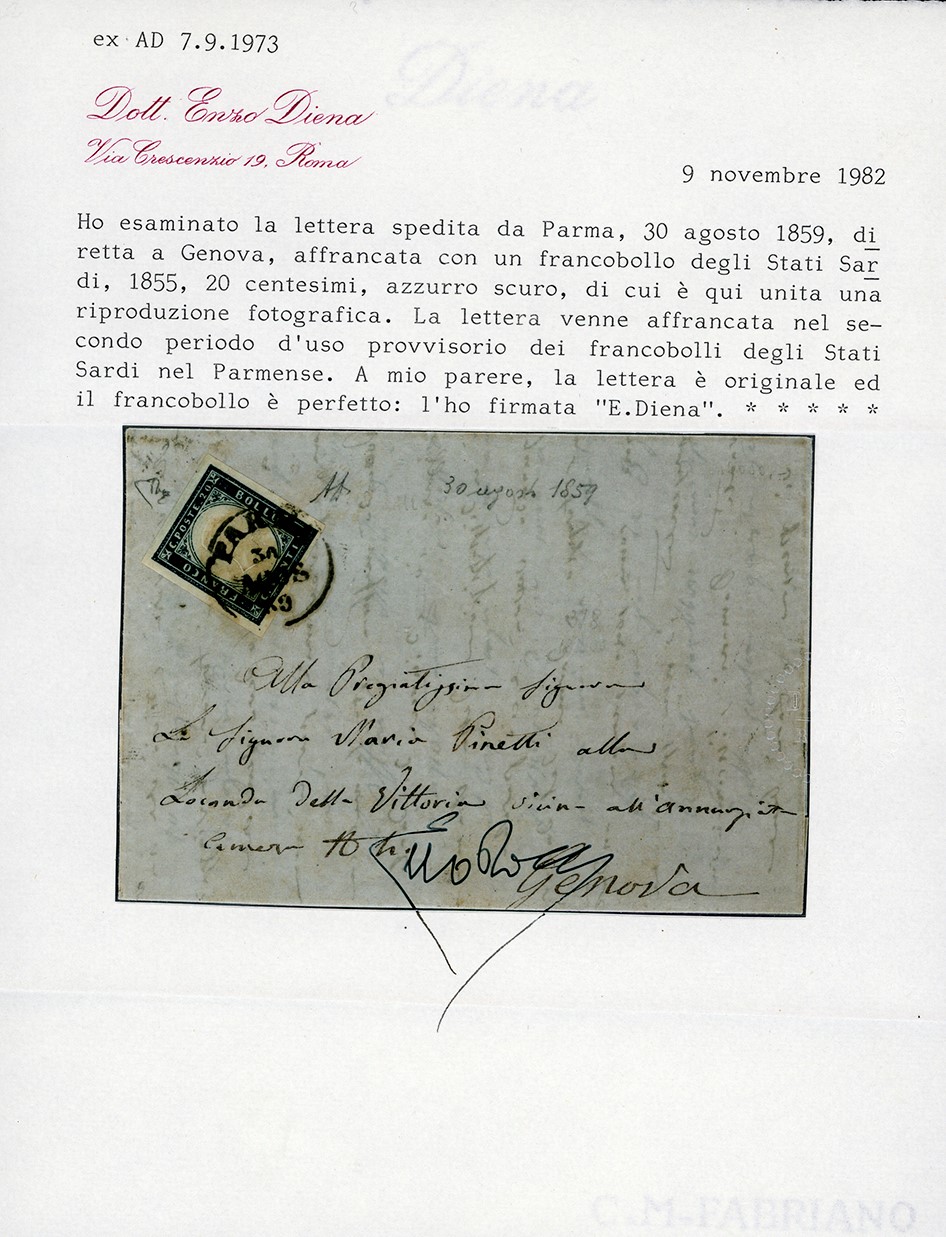 Lettera da Parma a Genova del 30 agosto 1859, affrancata con francobollo da 20 centesimi della IV...