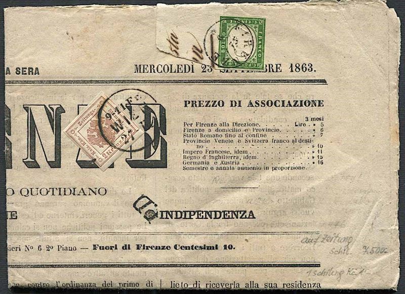 1863, Sardegna, Giornale “Firenze”, completo di quattro pagine  - Auction Postal History and Philately - Cambi Casa d'Aste