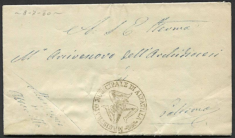 1860, Sicilia, lettera in franchigia da Altavilla a Palermo dell’8 luglio 1860  - Asta Storia Postale e Filatelia - Cambi Casa d'Aste