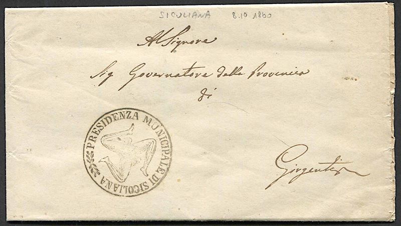 1860, Sicilia, lettera in franchigia da Siculiana per Girgenti dell’8 ottobre 1860  - Asta Storia Postale e Filatelia - Cambi Casa d'Aste