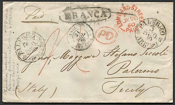 1860, Sicilia, lettera da Londra per Palermo del 20 luglio 1860
