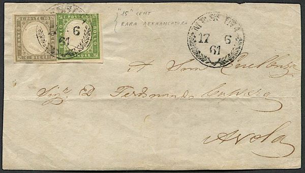 1861, Sicilia, frontespizio completo di lettera da Messina per Avola del 17 giugno 1861