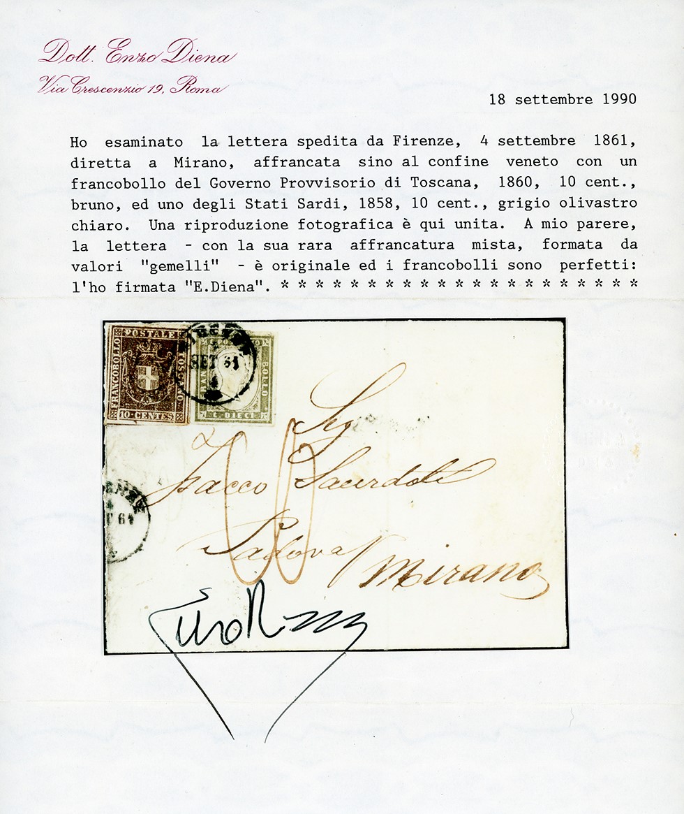 Lettera da Firenze per Mirano del 4 settembre 1861, affrancata con 10 centesimi bruno e 10 centes...