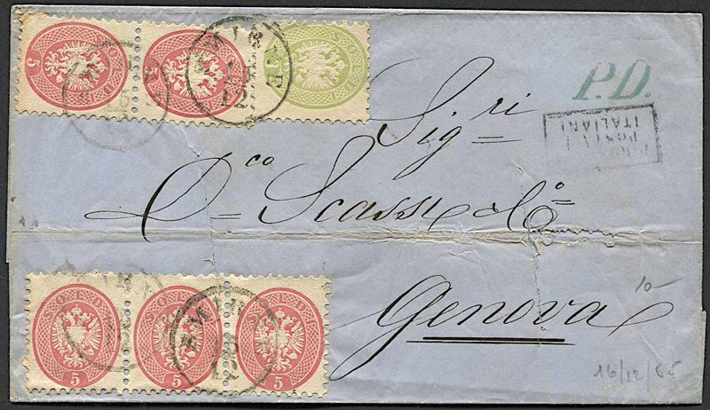 1865, Levante austriaco, lettera da Smirne per Genova del 15 dicembre 1865  - Asta Storia Postale e Filatelia - Cambi Casa d'Aste