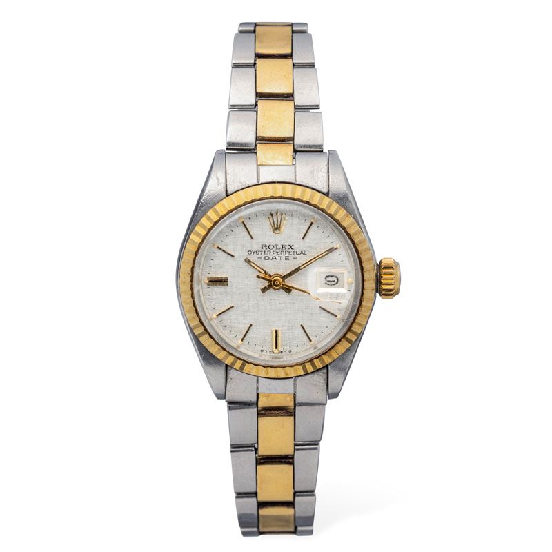 Rolex : Elegante Lady Date ref 6917, acciaio e oro, ghiera zigrinata, quadrante effetto Lino, bracciale Oyster  - Asta Orologi da Polso - Cambi Casa d'Aste