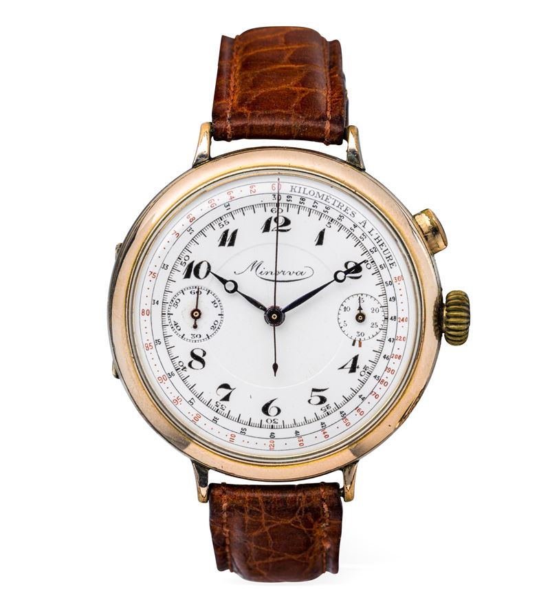 Minerva : Chrono monopulsante, laminated hinged case, white enamel dial, Breguet numbers, tachymeter scale  - Auction Wrist Watches - Cambi Casa d'Aste