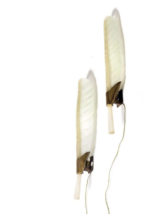 Coppia di applique in vetro di Murano e ottone. XX secolo