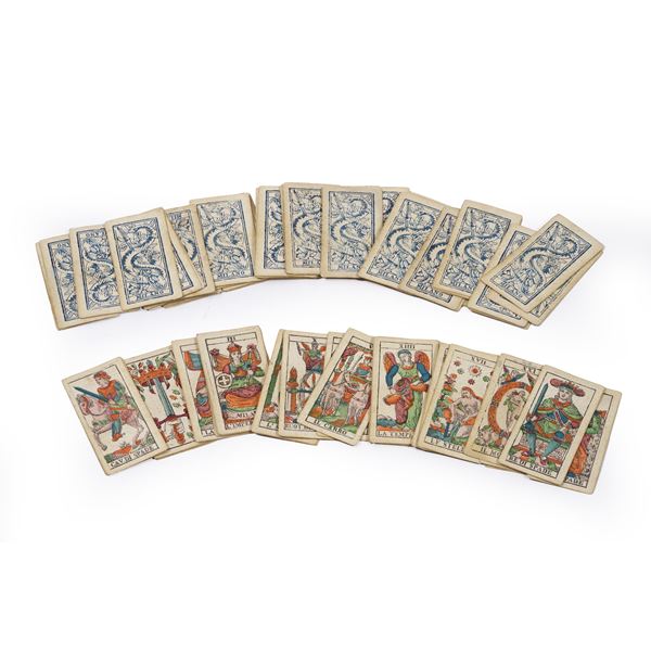 Mazzo completo di 78 carte dei tarocchi. Milano, 1862