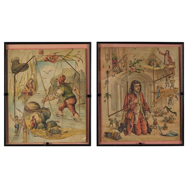 Due stampe a colori a "puzzle" tratte dai viaggi di Gulliver. Francia XIX-XX secolo