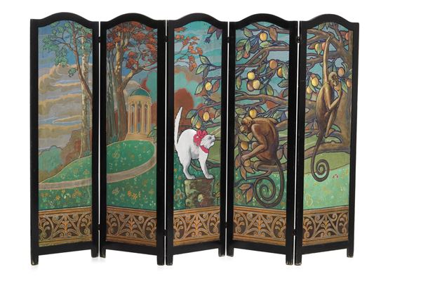 Paravento in legno ebanizzato dipinto in policromia con paesaggio con scimmie e gatto