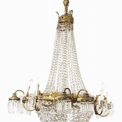 Lampadario a Mongolfiera in Bronzo Dorato e Cristalli. XIX Secolo