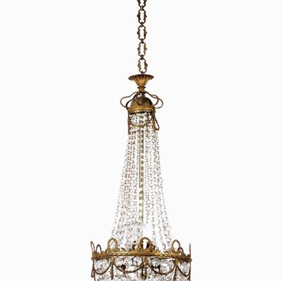 Lampadario a Mongolfiera in Bronzo Dorato e Cristalli. XIX Secolo