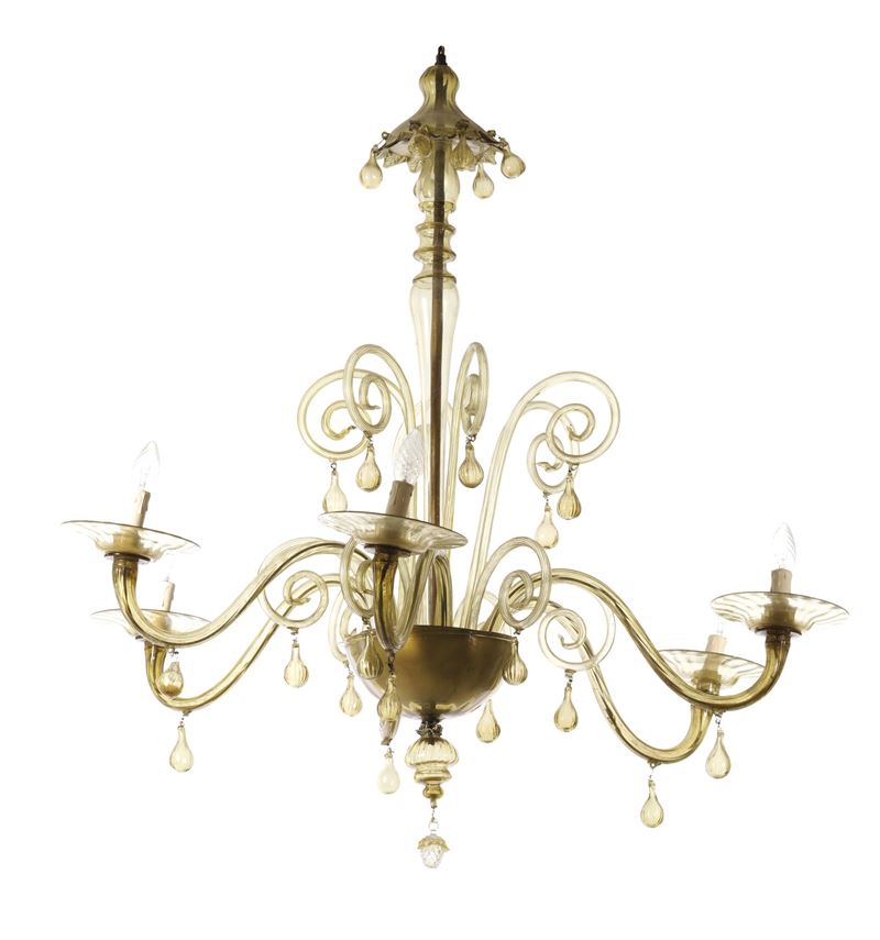 Lampadario in vetro di Murano a sei luci. XX secolo  - Auction Antique September - Cambi Casa d'Aste