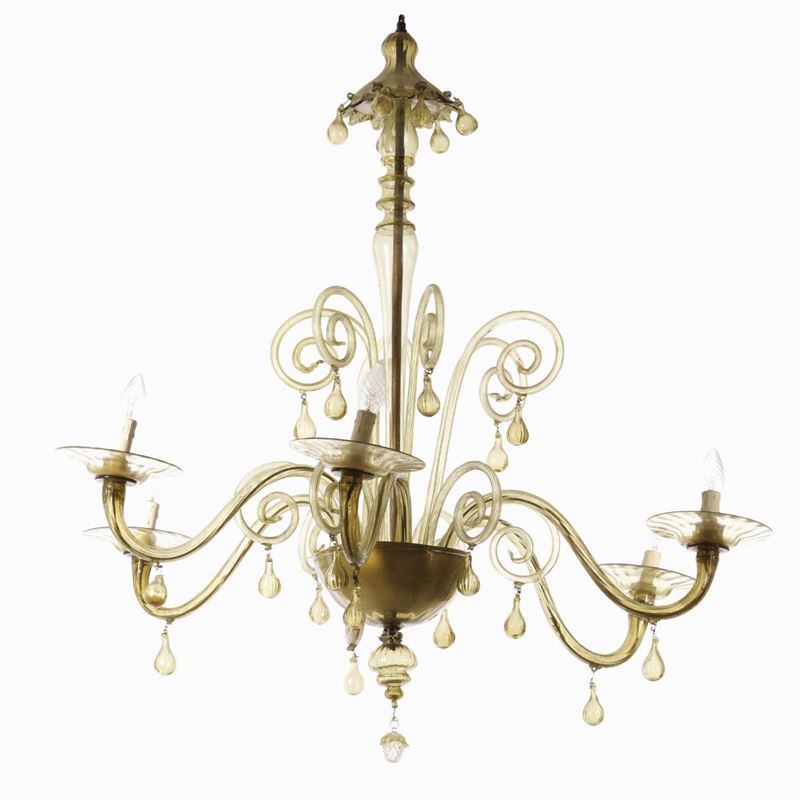 Lampadario in vetro di Murano a sei luci. XX secolo  - Auction Antique September - Cambi Casa d'Aste