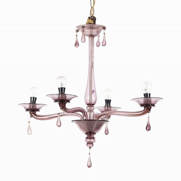 Piccolo lampadario a 4 luci in vetro di Murano. XX secolo