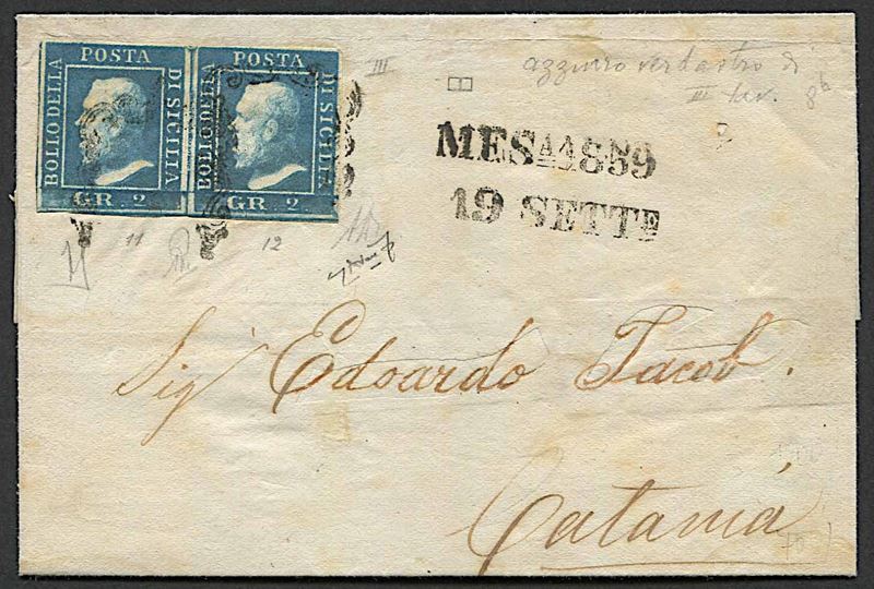 1859, Sicilia, lettera doppio porto da Messina a Catania del 19 settembre 1859  - Asta Storia Postale e Filatelia - Cambi Casa d'Aste