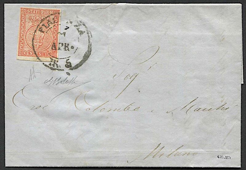1855, Parma, lettera da Piacenza per Milano del 21 aprile 1855  - Asta Storia Postale e Filatelia - Cambi Casa d'Aste