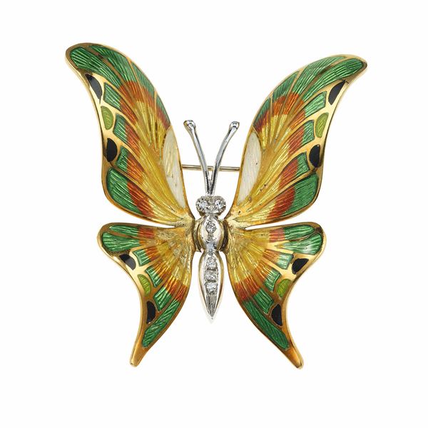 Spilla “farfalla” con diamanti e smalti policromi