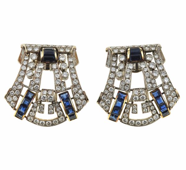 Pair of diamond and sapphire clips