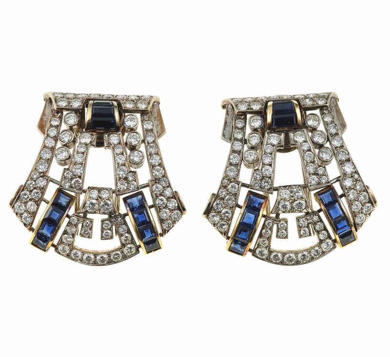 Pair of diamond and sapphire clips  - Auction Fine Jewels - Cambi Casa d'Aste